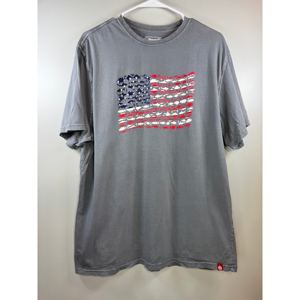 Coleman Graphic Tee‎ Men's L Gray American Flag Fish Outdoor Adventure Tee